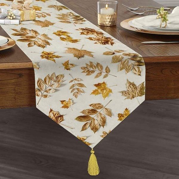 Fall Trend Table Runner|High Quality Triangle Chenille Table Runner|Gold Leaves Tabletop|Farmhouse Tabletop|Leaves Drawings Tasseled Runner