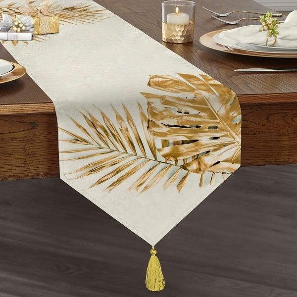 Fall Trend Table Runner|High Quality Triangle Chenille Table Runner|Gold Leaves Tabletop|Farmhouse Tabletop|Leaves Drawings Tasseled Runner