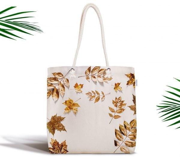 Gold Color Leaves Fabric Bag|Gold White Shoulder Bag|Cosmetic Bag On White Background|Beach Bag|Custom Wedding Gift|Gift for Her