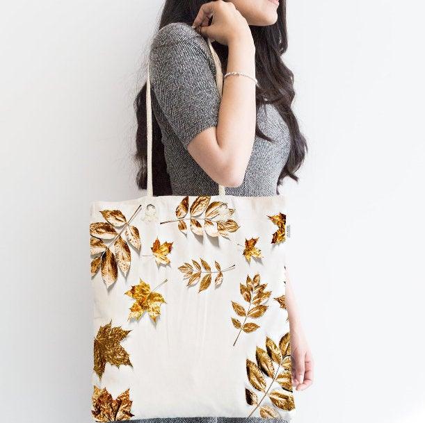 Gold Color Leaves Fabric Bag|Gold White Shoulder Bag|Cosmetic Bag On White Background|Beach Bag|Custom Wedding Gift|Gift for Her