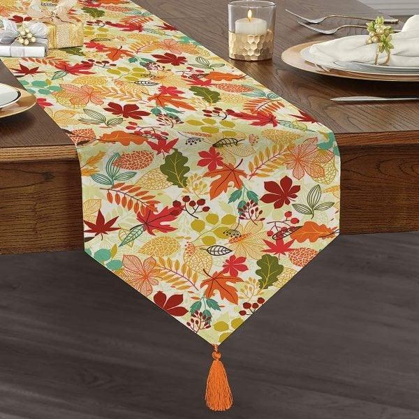 Fall Trend Table Runner|High Quality Triangle Chenille Table Runner|Fall Leaves Tabletop|Farmhouse Tabletop|Autumn Tree Tasseled Runner