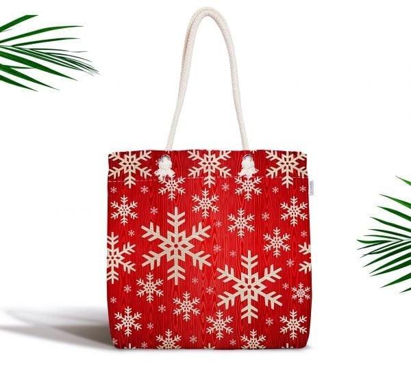 Snowflake Shoulder Bag|Red White Fabric Bag|Geometric Tote Bag|Winter Trend Hand Bag|Snowflake Weekender Bag|Gift for Her|Everyday Use Bag