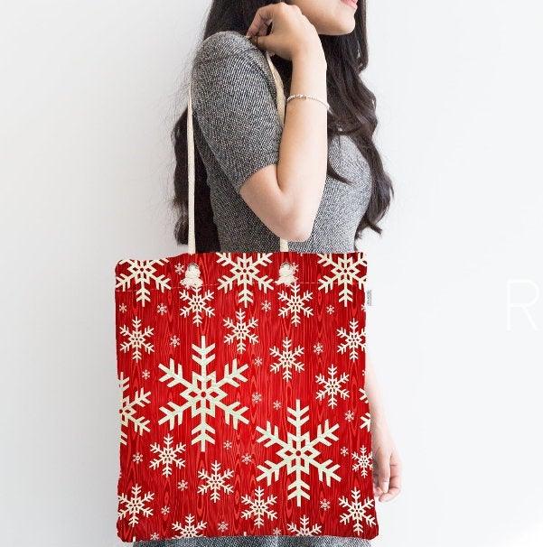 Snowflake Shoulder Bag|Red White Fabric Bag|Geometric Tote Bag|Winter Trend Hand Bag|Snowflake Weekender Bag|Gift for Her|Everyday Use Bag