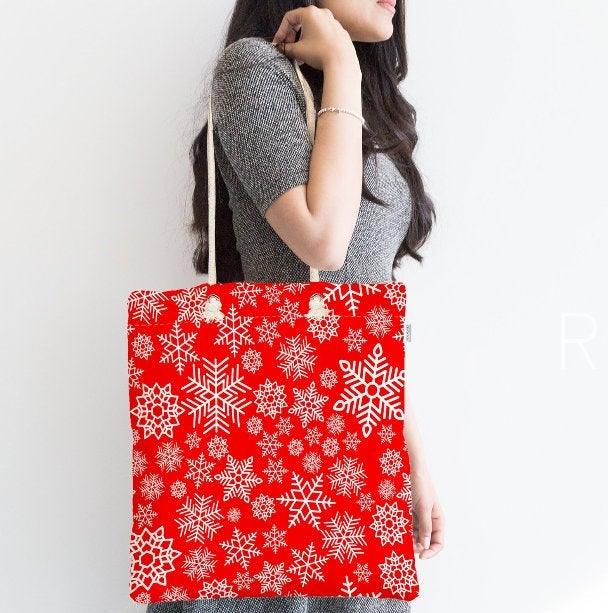 Snowflake Shoulder Bag|Red White Fabric Bag|Geometric Tote Bag|Winter Trend Hand Bag|Snowflake Weekender Bag|Gift for Her|Everyday Use Bag