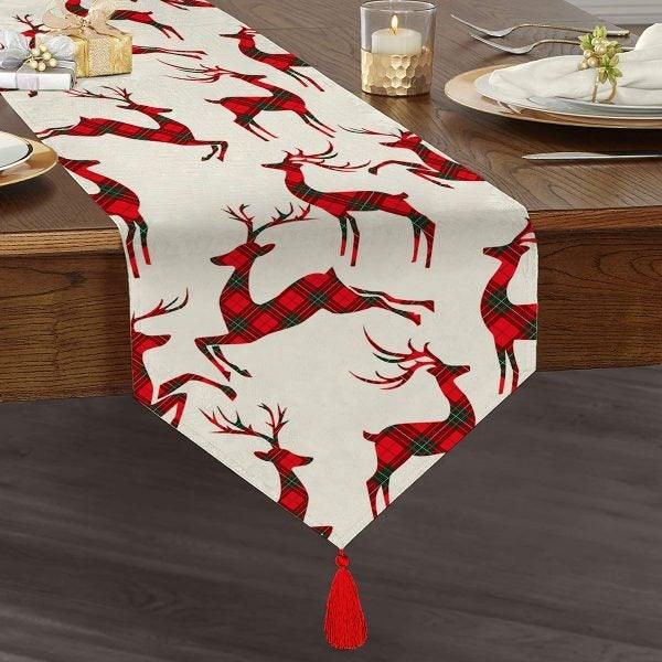 Christmas Table Runner|High Quality Triangle Chenille Table Top|Christmas Decor|Checkered Xmas Deer Print Table Runner|Winter Trend Runner