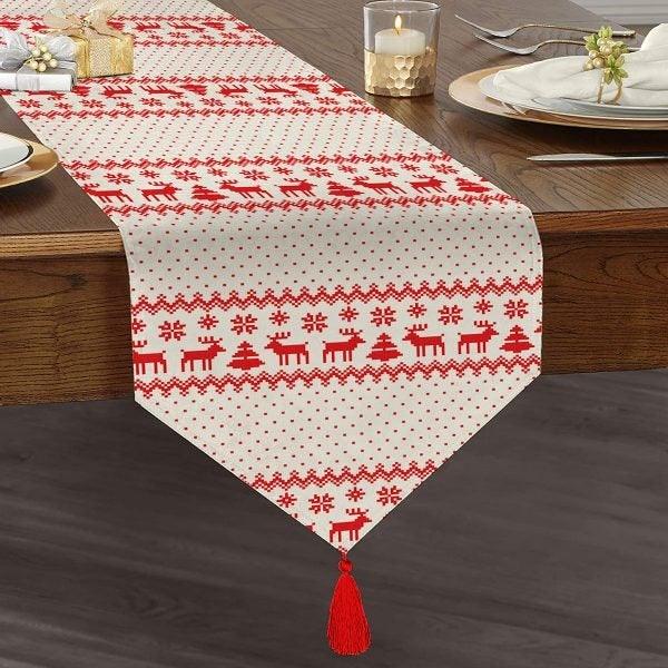 Christmas Table Runner|High Quality Triangle Chenille Table Runner|Red White Christmas Decor|Xmas Deer Table Runner|Winter Trend Table Top