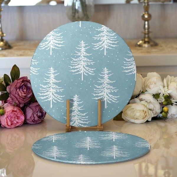 Winter Trend Placemat|Set of 2 Pine Tree Supla Table Mat|Christmas Round American Service Dining Underplate|Farmhouse Style Winter Coasters