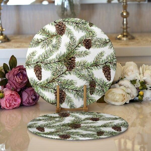 Winter Trend Placemat|Set of 2 Pine Cone Supla Table Mat|Pine Tree Needle Round American Service Dining Underplate|Farmhouse Winter Coasters