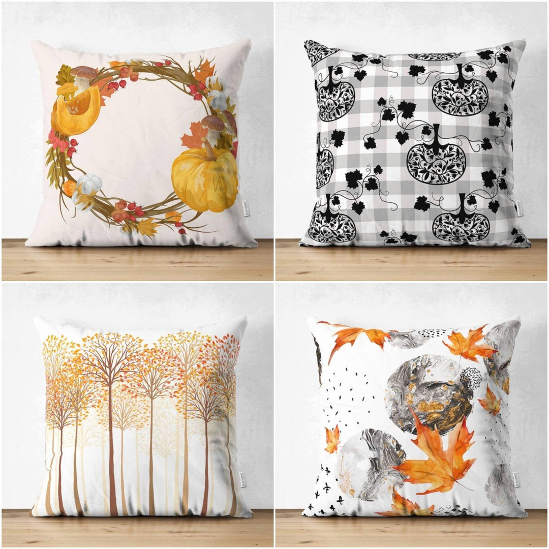 Fall Trend Pillow Cover|Pumpkin Suede Cushion Case|Checkered Gray Pumpkin Throw Pillow|Dry Leaves and Tree Pillow Case|Thanksgiving Pillow