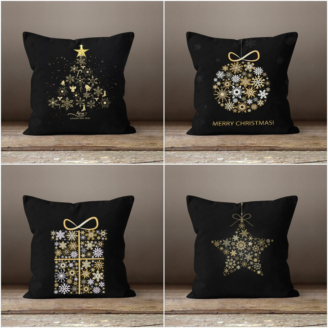 Christmas Pillow Cover|Black Gold Christmas Decor|Decorative Winter Pillow Case|Snowflake Xmas Throw Pillow|Merry Xmas Outdoor Pillow Cover