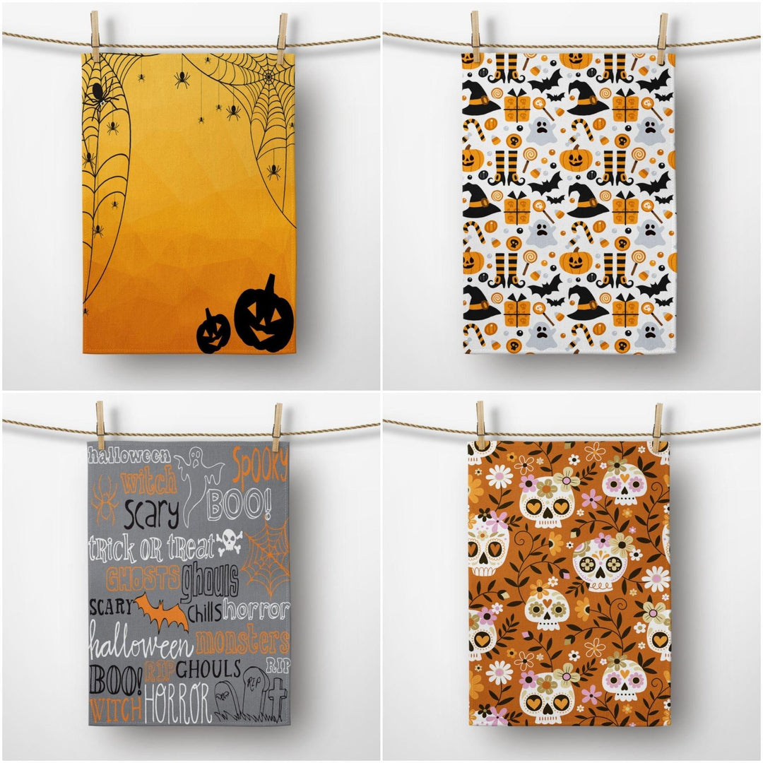 Halloween Kitchen Towel|Carved Pumpkin Dish Towel|Spider Web and Skull Towel|Decorative Tea Towel|Witch Hat Towel|Autumn Trend Hand Towel