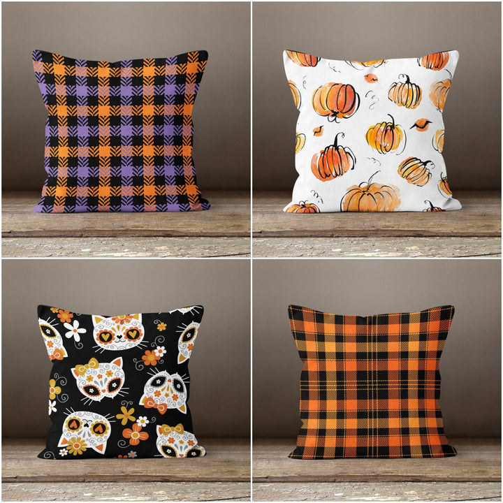 Halloween Pillow Case|Cat Mask Costume Pillow|Autumn Cushion Case|Orange Pumpkin Throw Pillow|Plaid Fall Colors Home Decor|Outdoor Pillow