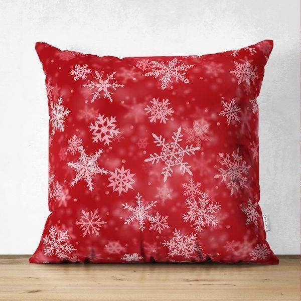 Snowflake Pillow Cover|Winter Home Decor|Suede Winter Cushion Case|Housewarming Gift|Decorative Snowflake Throw Pillow Top|Red White Pillow