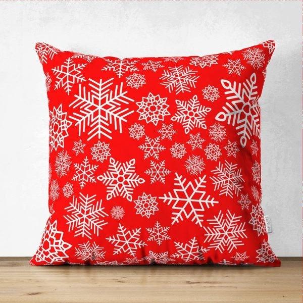 Snowflake Pillow Cover|Winter Home Decor|Suede Winter Cushion Case|Housewarming Gift|Decorative Snowflake Throw Pillow Top|Red White Pillow