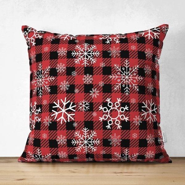 Snowflake Pillow Cover|Winter Home Decor|Suede Winter Cushion Case|Housewarming Gift|Decorative Snowflake Throw Pillow Top|Red White Pillow