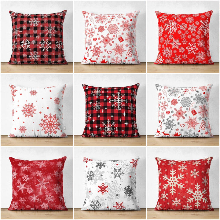 Snowflake Pillow Cover|Winter Home Decor|Suede Winter Cushion Case|Housewarming Gift|Decorative Snowflake Throw Pillow Top|Red White Pillow