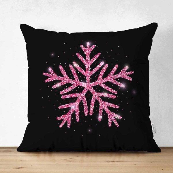 Snowflake Pillow Cover|Winter Home Decor|Suede Winter Cushion Case|Housewarming Gift|Decorative Snowflake Throw Pillow Top|Pink Black Pillow