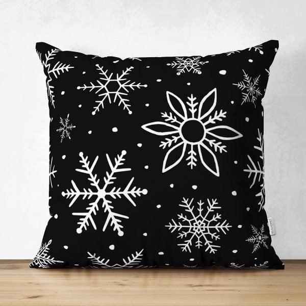 Snowflake Pillow Cover|Winter Home Decor|Suede Winter Cushion Case|Housewarming Gift|Decorative Snowflake Throw Pillow Top|Black Pillow Case