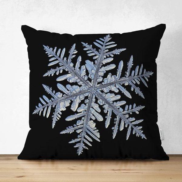 Snowflake Pillow Cover|Winter Home Decor|Suede Winter Cushion Case|Housewarming Gift|Decorative Snowflake Throw Pillow Top|Black Pillow Case