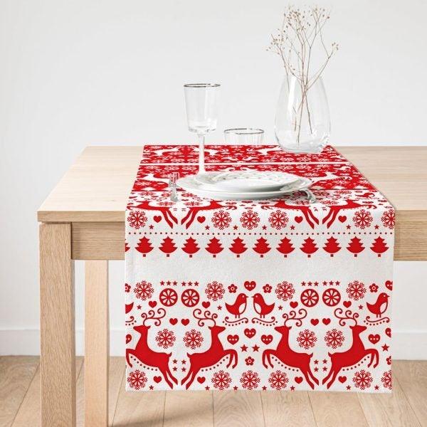 Christmas Table Runner|Winter Table Top|Red White Home Decor|Xmas Deer, Xmas Tree Table Top|Farmhouse Tablecloth|Christmas Kitchen Decor