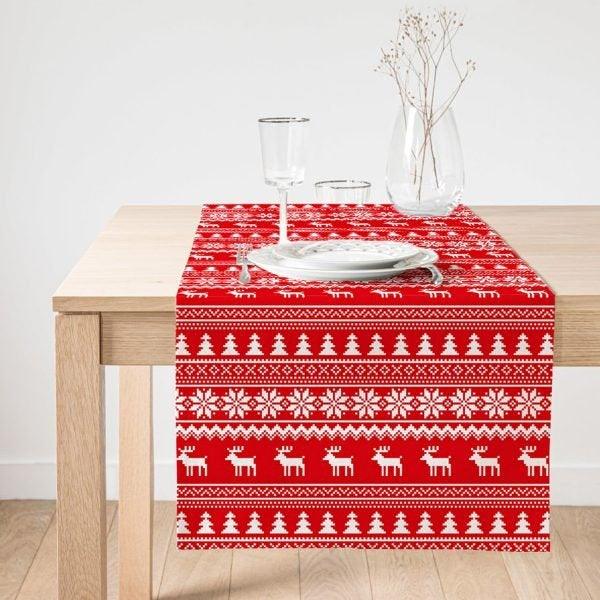 Christmas Table Runner|Winter Table Top|Red White Home Decor|Xmas Deer, Xmas Tree Table Top|Farmhouse Tablecloth|Christmas Kitchen Decor