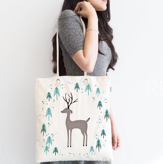 Winter Trend Shoulder Bag|Christmas Design Fabric Bag|Xmas Deer Tote Bag|Xmas Trend Beach Bag|Christmas Weekender Bag|Gift Large Bag for Her