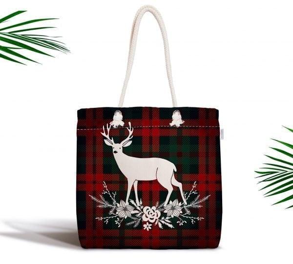 Christmas Shoulder Bag|Christmas Design Fabric Bag|Xmas Deer Tote Bag|Checkered Xmas Bag|Winter Trend Weekender Bag|Gift Large Bag for Her