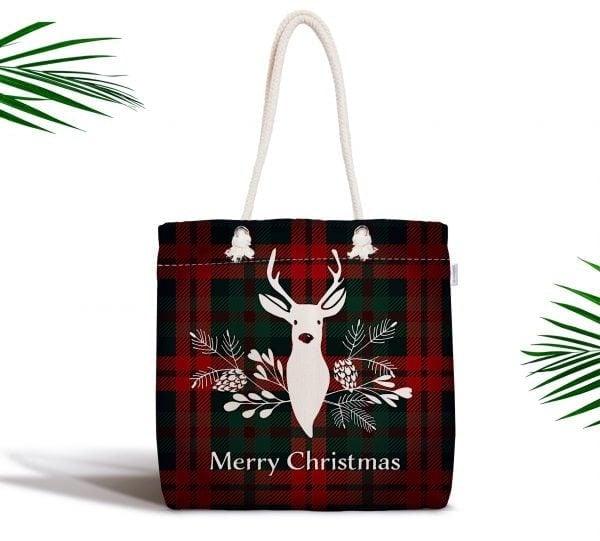 Christmas Shoulder Bag|Christmas Design Fabric Bag|Xmas Deer Tote Bag|Checkered Xmas Bag|Winter Trend Weekender Bag|Gift Large Bag for Her