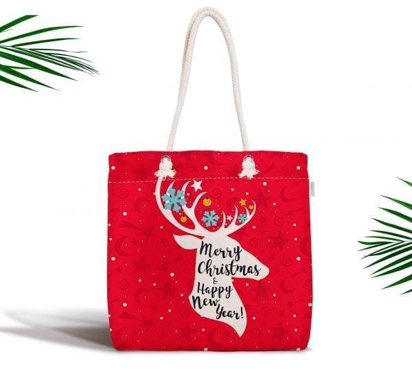 Christmas Shoulder Bag|Christmas Design Fabric Bag|Xmas Deer Tote Bag|Checkered Xmas Bag|Winter Trend Weekender Bag|Gift Large Bag for Her