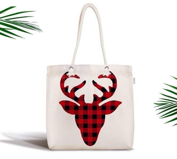 Christmas Shoulder Bag|Christmas Design Fabric Bag|Xmas Deer Tote Bag|Checkered Xmas Bag|Winter Trend Weekender Bag|Gift Large Bag for Her