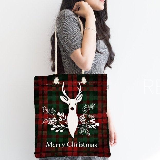 Christmas Shoulder Bag|Christmas Design Fabric Bag|Xmas Deer Tote Bag|Checkered Xmas Bag|Winter Trend Weekender Bag|Gift Large Bag for Her