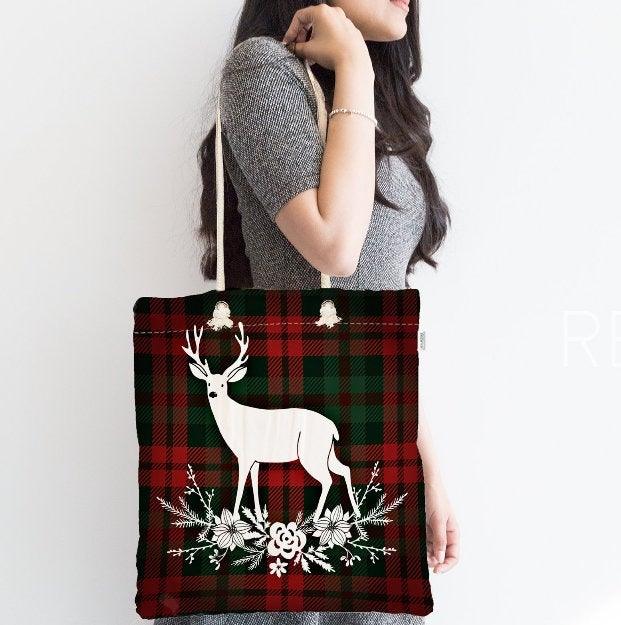 Christmas Shoulder Bag|Christmas Design Fabric Bag|Xmas Deer Tote Bag|Checkered Xmas Bag|Winter Trend Weekender Bag|Gift Large Bag for Her