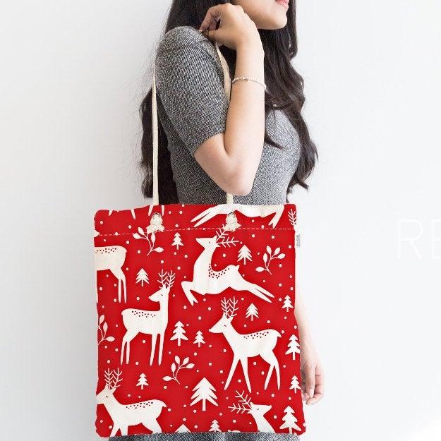 Winter Trend Shoulder Bag|Christmas Design Fabric Bag|Xmas Deer Tote Bag|Xmas Trend Beach Bag|Christmas Weekender Bag|Gift Large Bag for Her