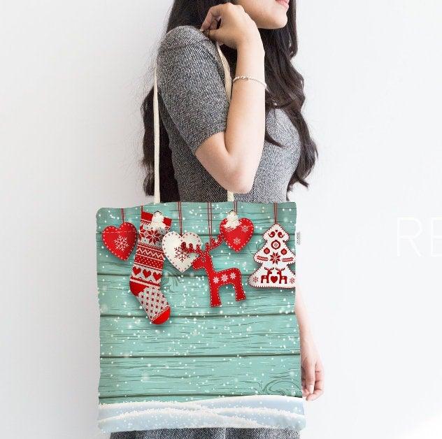 Christmas Shoulder Bag|Christmas Socks and Gloves Fabric Bag|Xmas Deer Tote Bag|New Year Bag|Winter Trend Weekender Bag|Gift Bag for Her