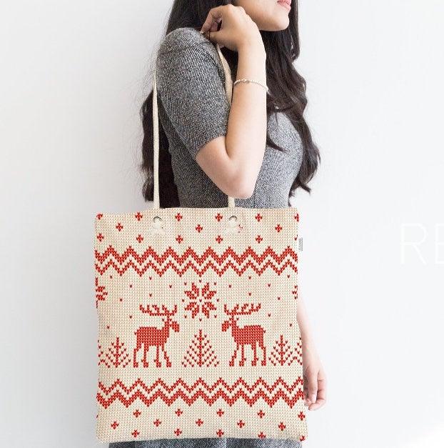 Christmas Shoulder Bag|Christmas Socks and Gloves Fabric Bag|Xmas Deer Tote Bag|New Year Bag|Winter Trend Weekender Bag|Gift Bag for Her