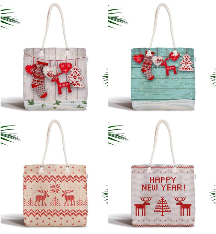 Christmas Shoulder Bag|Christmas Socks and Gloves Fabric Bag|Xmas Deer Tote Bag|New Year Bag|Winter Trend Weekender Bag|Gift Bag for Her