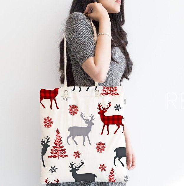 Christmas Shoulder Bag|Christmas Design Fabric Bag|Xmas Deer Tote Bag|Xmas Tree Beach Bag|Winter Trend Weekender Bag|Gift Large Bag for Her