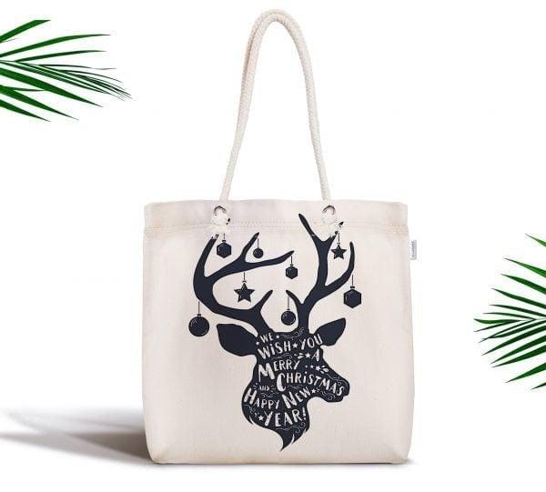 Christmas Shoulder Bag|Christmas Design Fabric Bag|Xmas Deer Tote Bag|Black White Beach Bag|Winter Trend Weekender Bag|Gift Bag for Her