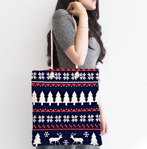 Christmas Shoulder Bag|Christmas Design Fabric Bag|Xmas Deer Tote Bag|Xmas Tree Beach Bag|Winter Trend Weekender Bag|Gift Large Bag for Her