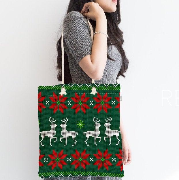 Christmas Shoulder Bag|Christmas Design Fabric Bag|Xmas Deer Tote Bag|Xmas Tree Beach Bag|Winter Trend Weekender Bag|Gift Large Bag for Her