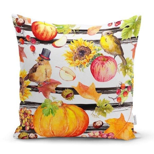 Pumpkin Pillow Cover|Fall Trend Cushion Case|Floral Pumpkin and Birds Throw Pillow|Leaves Pillow Case|Farmhouse Style Plaid Fall Pillow Top