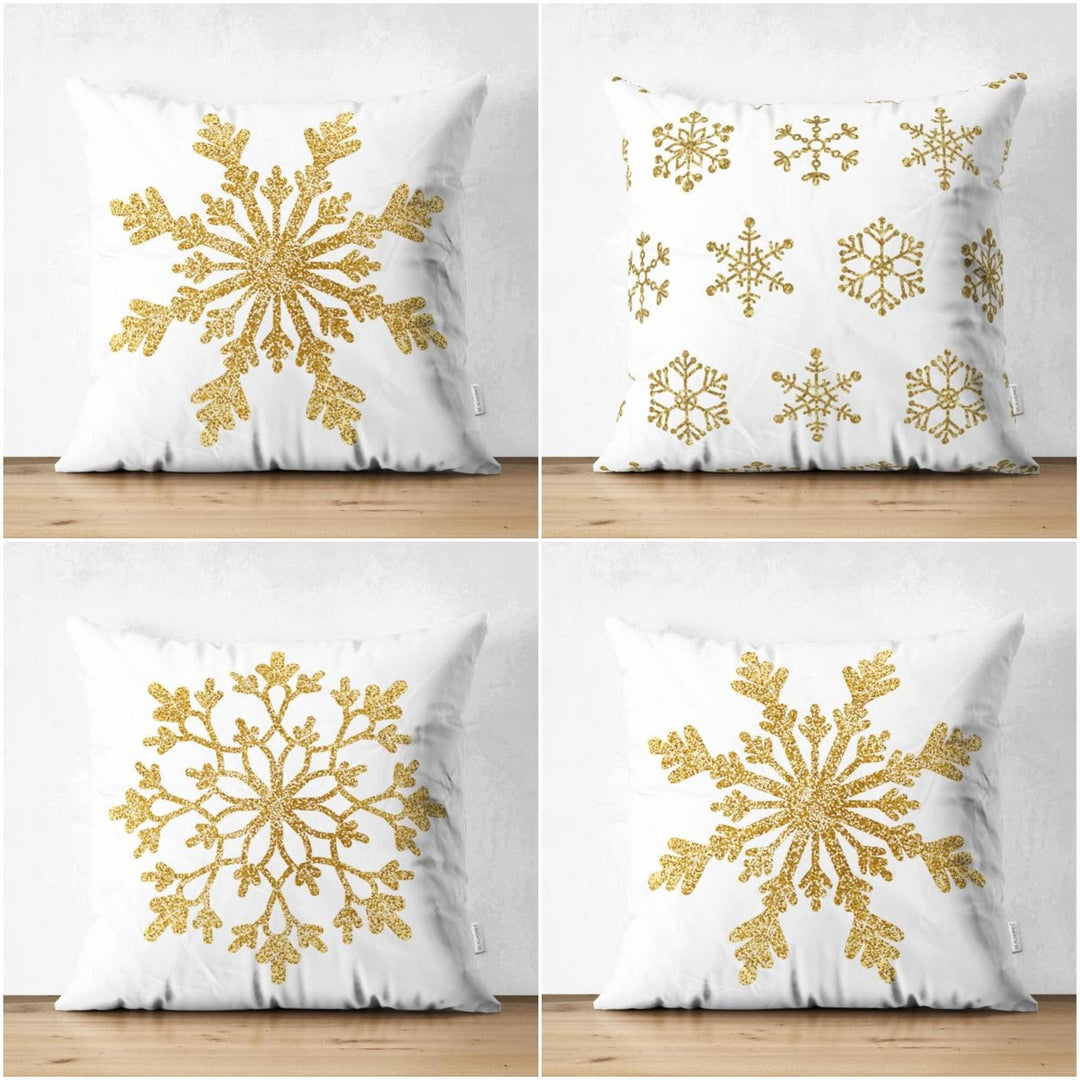 Snowflake Pillow Cover|Winter Home Decor|Suede Winter Cushion Case|Housewarming Gift|Decorative Snowflake Throw Pillow Top|Gold White Pillow