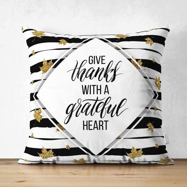 Thanksgiving Pillow Cover|Give Thanks Suede Cushion Case|Striped Fall Trend Throw Pillow|Gold Leaves Pillow Case|Thanksgiving Cushion Case