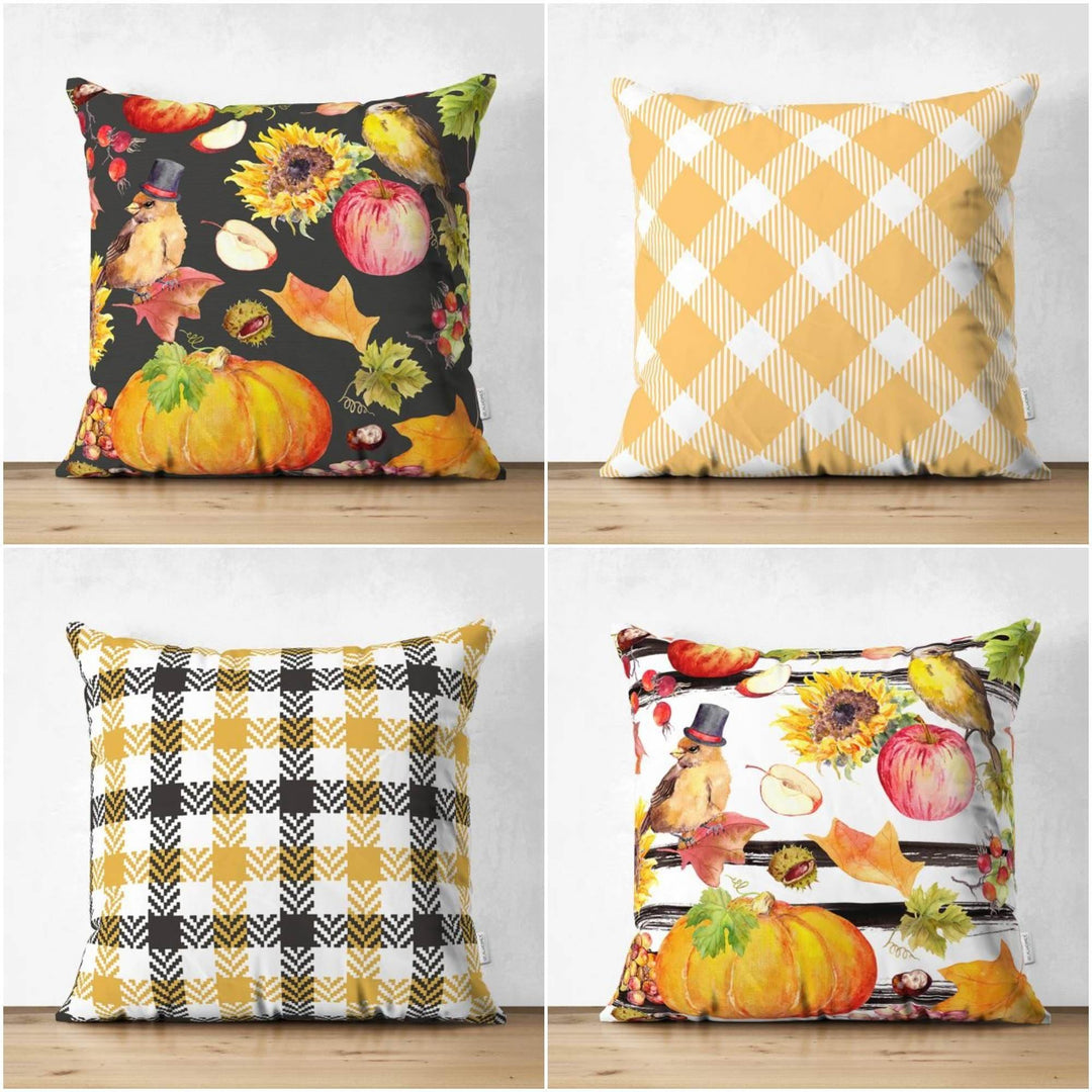 Pumpkin Pillow Case|Fall Trend Suede Cushion Case|Checkered Fall Colors Throw Pillow|Decorative Pillow|Farmhouse Thanksgiving Pillow Sham