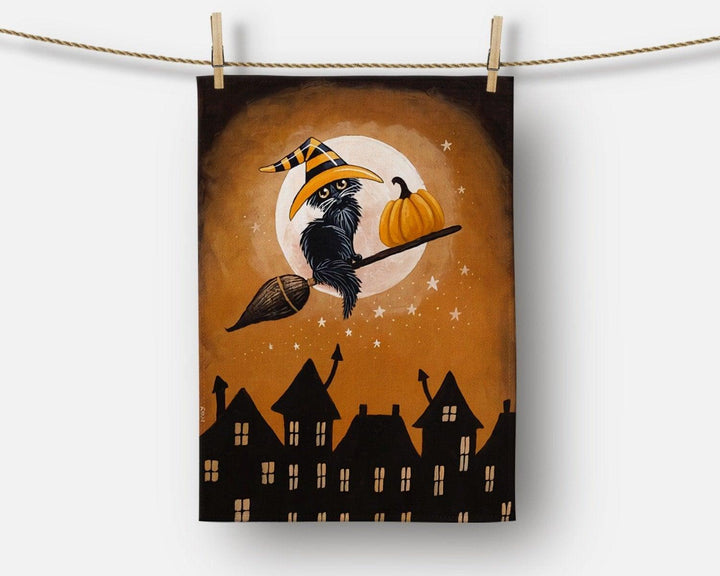 Halloween Kitchen Towel|Carved Pumpkin and Black Cat Dish Towel|Cat Witch Halloween Towel|Decorative Halloween Towel|Autumn Trend Hand Towel