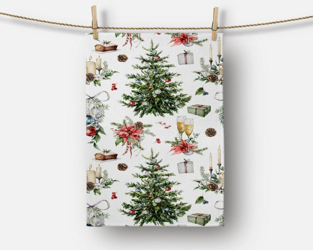 Christmas Kitchen Towel|Christmas Socks Dish Towel|Xmas Tree Hand Towel|Decorative Hand Towel|Dwarf Santa and Ornaments Tea Towel|Xmas Towel