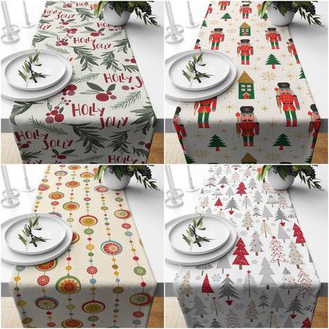 Christmas Table Runners|Winter Trend Table Runner|Xmas Tree Home Decor|Xmas Holly Jolly Table Decor|Green Winter Leaves Print Tablecloth