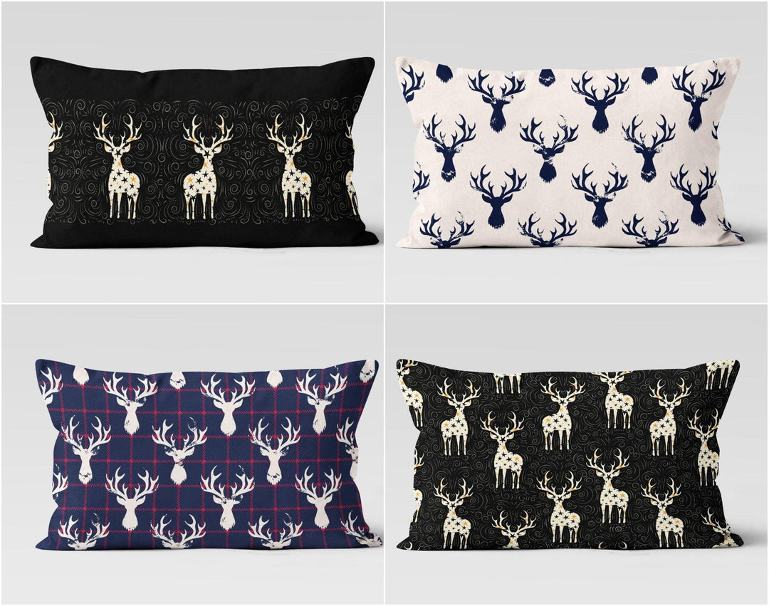 Christmas Deer Pillow Cover|Rectangle Boho Bedding Cushion Case|Xmas Decor|Winter Trend Throw Pillow Top|Black Blue White Deer Lumbar Pillow