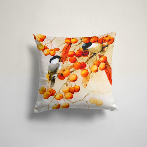 Bird Pillow Case|Bird and Dry Leaves Pillow Cover|Decorative Birds and Berries Cushion Case|Housewarming Farmhouse Style Fall Pillow Top