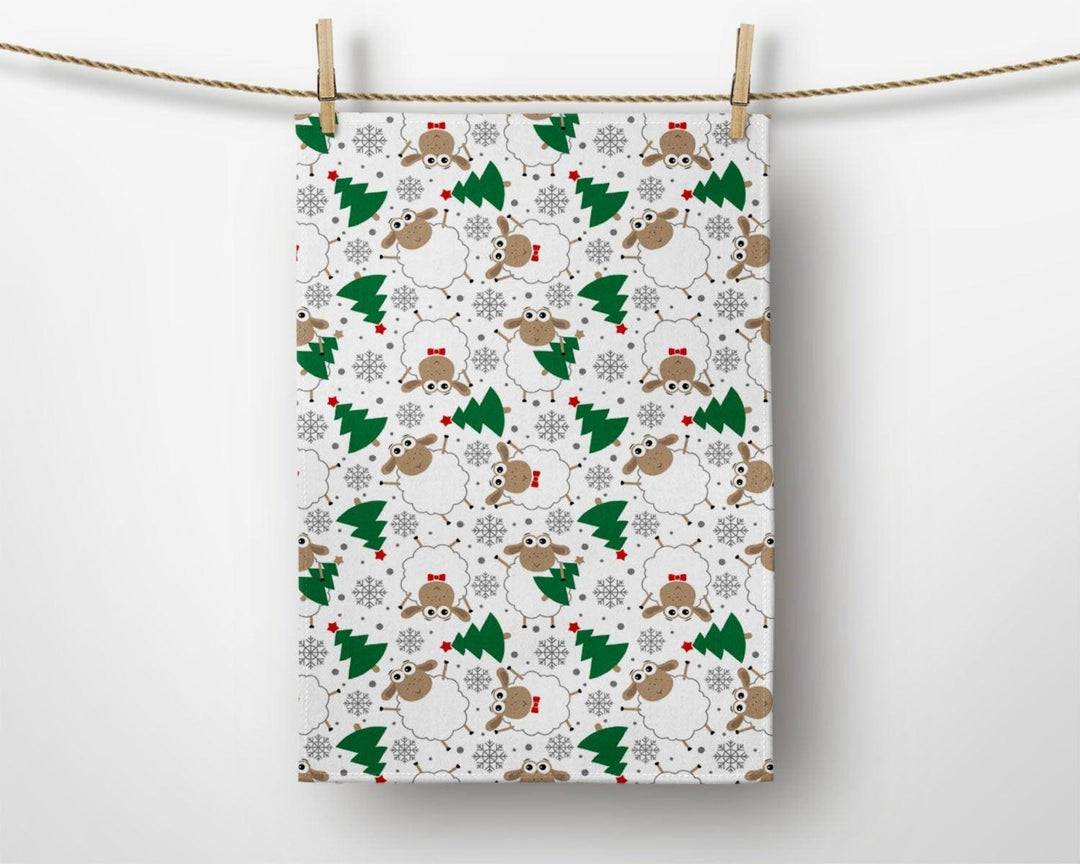 Christmas Kitchen Towel|Christmas Tree Dish Towel|Xmas Design Hand Towel|Decorative Hand Towel|Xmas Tree and Sheep Tea Towel|Xmas Hand Towel